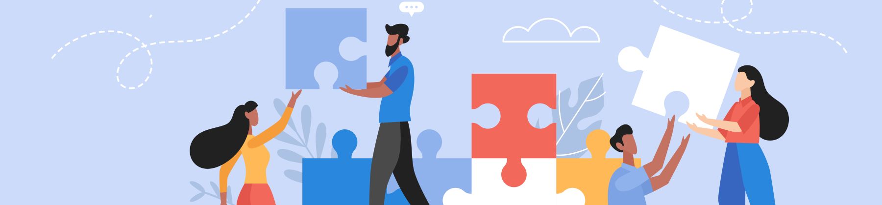 Illustration mit mehreren Personen die gemeinsam Puzzle-Teile zusammenbauen.