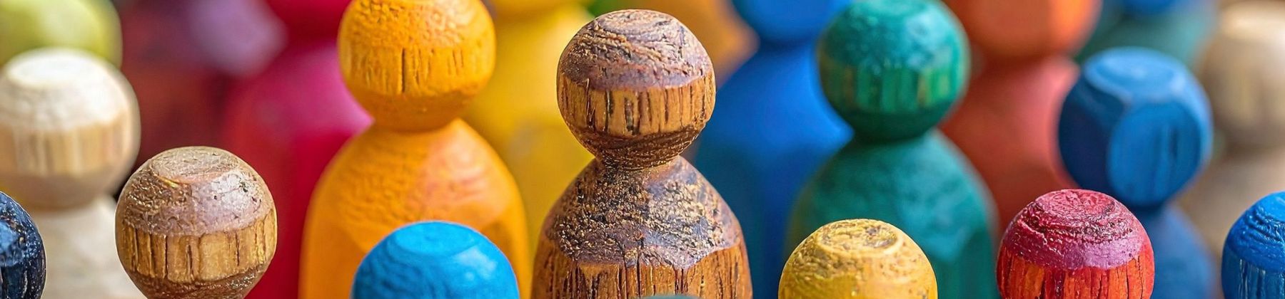 Bunt angemalte Holzfiguren stehen dicht aneinander